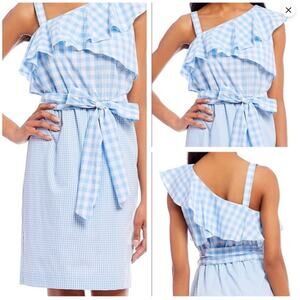 Calvin Klein Blue Gingham One-Shoulder Ruffle Flounce Dress  Belted Size 10